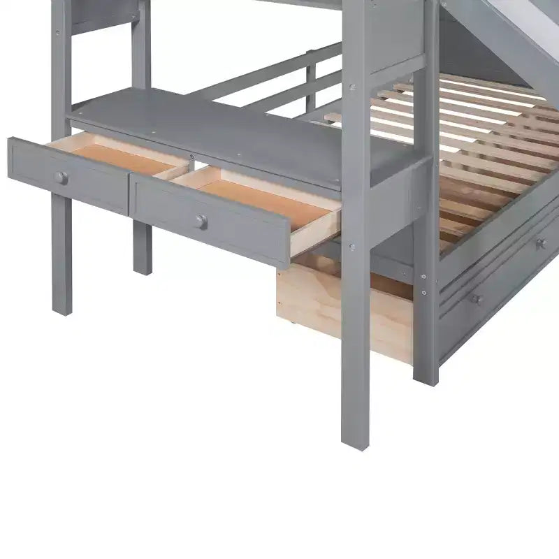 Twin over Twin Bunk Bed with Slide and Desk for Kids, Wood Twin Bunk Bed Frame with Storage Staircase and Drawers & Shelves