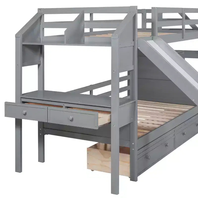 Twin over Twin Bunk Bed with Slide and Desk for Kids, Wood Twin Bunk Bed Frame with Storage Staircase and Drawers & Shelves