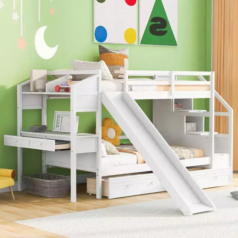 Twin over Twin Bunk Bed with Slide and Desk for Kids, Wood Twin Bunk Bed Frame with Storage Staircase and Drawers & Shelves