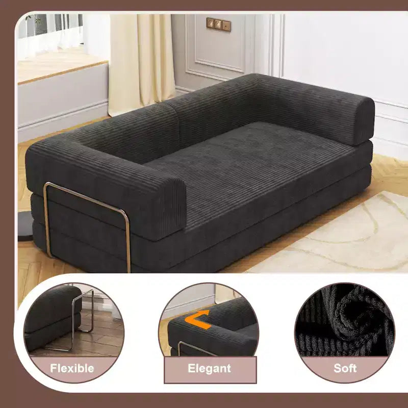 Convertible Sleeper Sofa Bed, 78 Boneless Couch with Fixed-Shape Frame, Corduroy Loveseat Floor Sofa, Folding Mattress Couch for Living Room