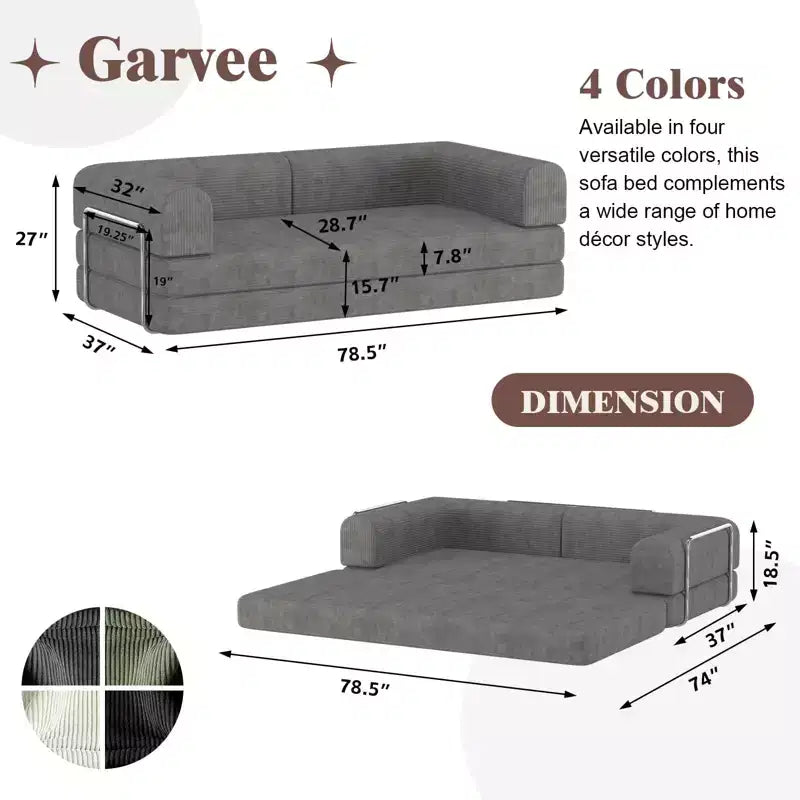 Convertible Sleeper Sofa Bed, 78 Boneless Couch with Fixed-Shape Frame, Corduroy Loveseat Floor Sofa, Folding Mattress Couch for Living Room