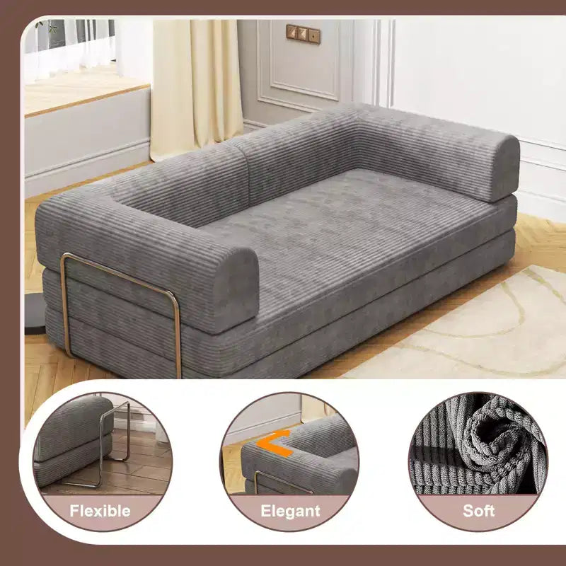 Convertible Sleeper Sofa Bed, 78 Boneless Couch with Fixed-Shape Frame, Corduroy Loveseat Floor Sofa, Folding Mattress Couch for Living Room
