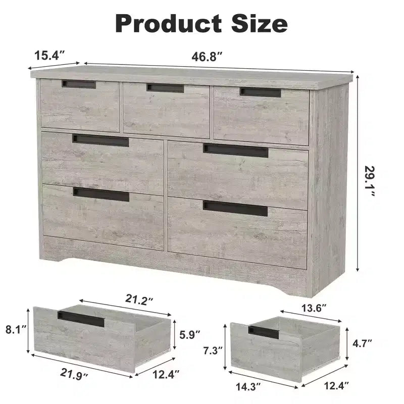 Comò a 7 cassetti per camera da letto, cassettiera in legno da 46,8 pollici con maniglie a incasso, organizer per vestiti, mobile TV per corridoio