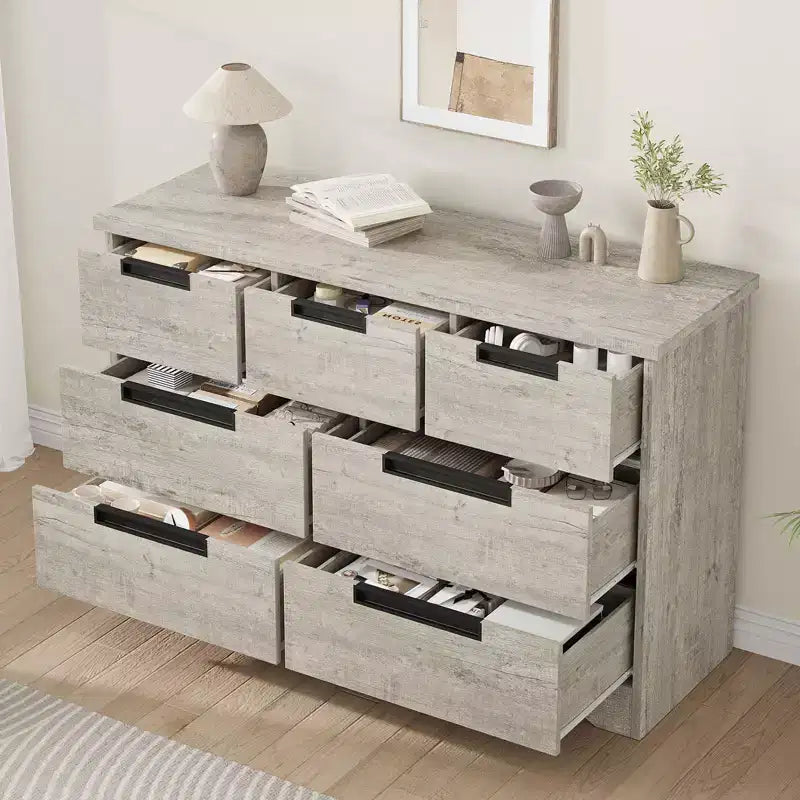 Comò a 7 cassetti per camera da letto, cassettiera in legno da 46,8 pollici con maniglie a incasso, organizer per vestiti, mobile TV per corridoio