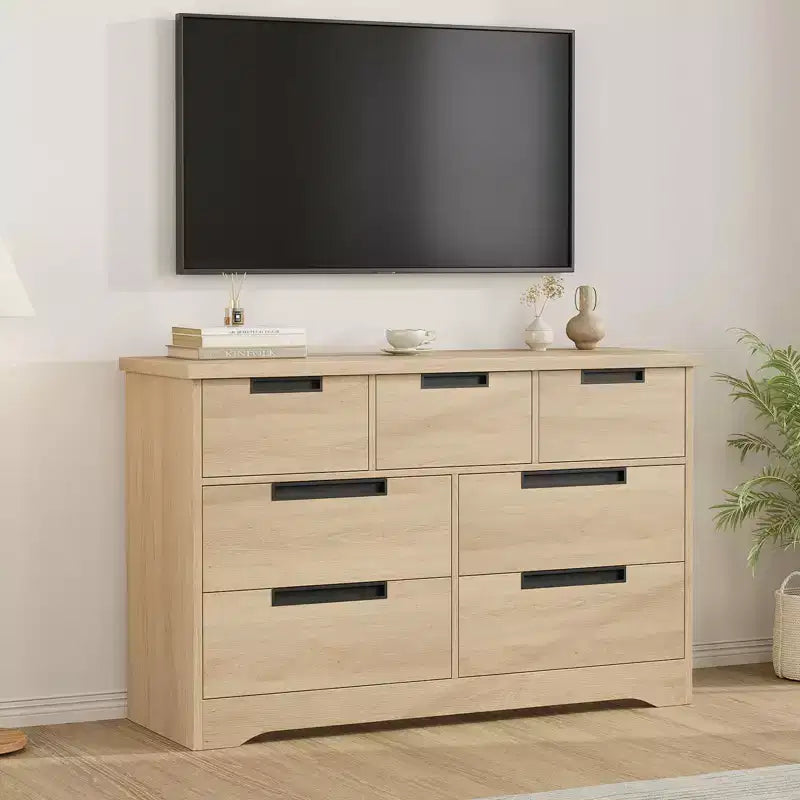 Comò a 7 cassetti per camera da letto, cassettiera in legno da 46,8 pollici con maniglie a incasso, organizer per vestiti, mobile TV per corridoio
