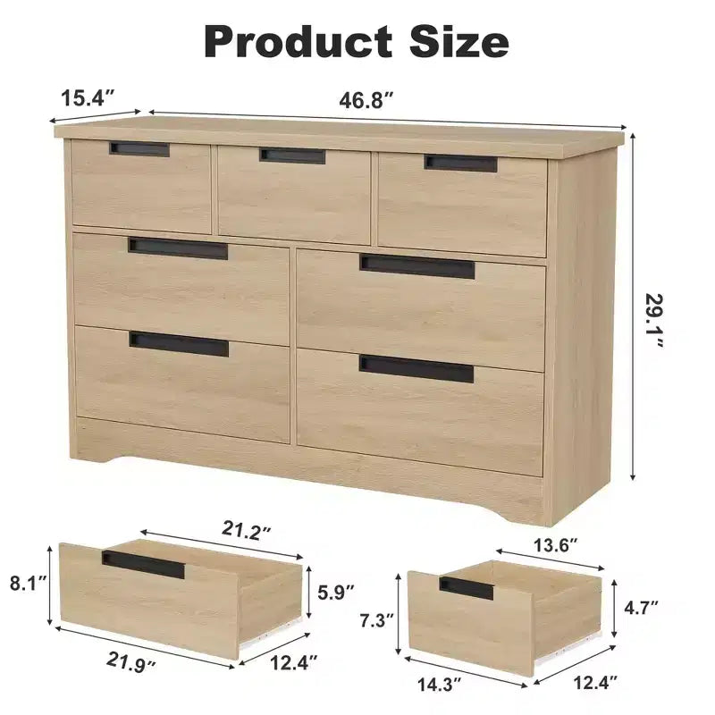 Comò a 7 cassetti per camera da letto, cassettiera in legno da 46,8 pollici con maniglie a incasso, organizer per vestiti, mobile TV per corridoio