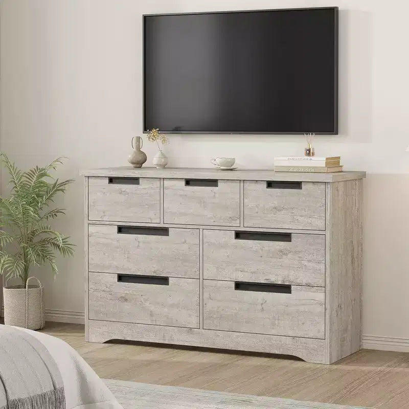 Comò a 7 cassetti per camera da letto, cassettiera in legno da 46,8 pollici con maniglie a incasso, organizer per vestiti, mobile TV per corridoio