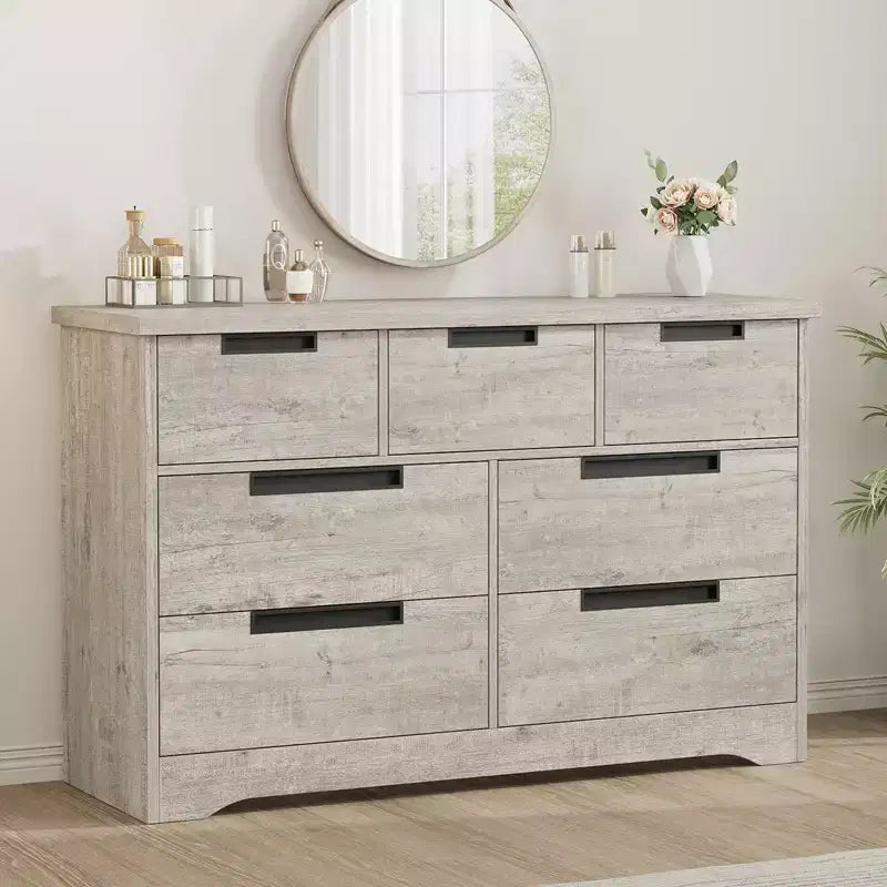 Comò a 7 cassetti per camera da letto, cassettiera in legno da 46,8 pollici con maniglie a incasso, organizer per vestiti, mobile TV per corridoio