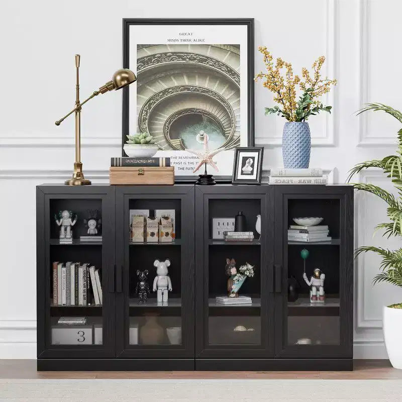 PexFix 62 W x 36 H Large Sideboard Buffet Cabinet with 4 Glass Doors 2 Adjustable Shelves for Kitchen Living/Dinning Room Bedroom Entryway Black