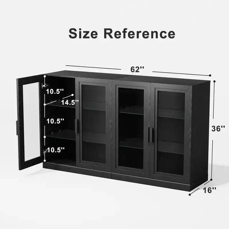 PexFix 62 L x 36 H Grande Credenza Madia Buffet con 4 Ante in Vetro 2 Ripiani Regolabili per Cucina Soggiorno/Sala da Pranzo Camera da Letto Ingresso Nero