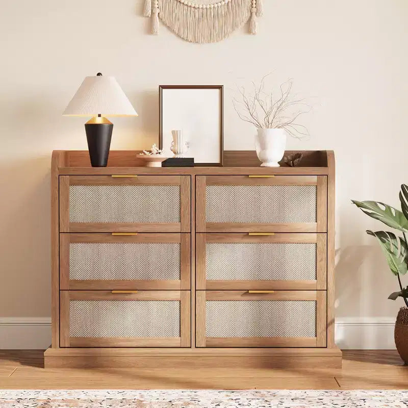 6 Drawer Dresser for Bedroom, 47.2W Rattan Chest of Drawers with Metal Handles, Wooden Clothes Storage Organizer, Dresser TV Stand for Hallway