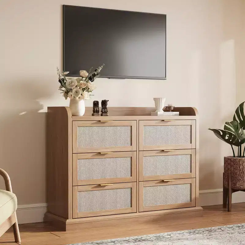 Comò a 6 cassetti per camera da letto, cassettiera in rattan da 120 cm con maniglie in metallo, organizer per vestiti in legno, mobile TV per corridoio