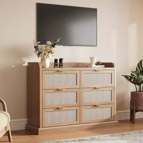 Comò a 6 cassetti per camera da letto, cassettiera in rattan da 120 cm con maniglie in metallo, organizer per vestiti in legno, mobile TV per corridoio