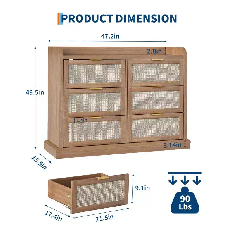 Comò a 6 cassetti per camera da letto, cassettiera in rattan da 120 cm con maniglie in metallo, organizer per vestiti in legno, mobile TV per corridoio