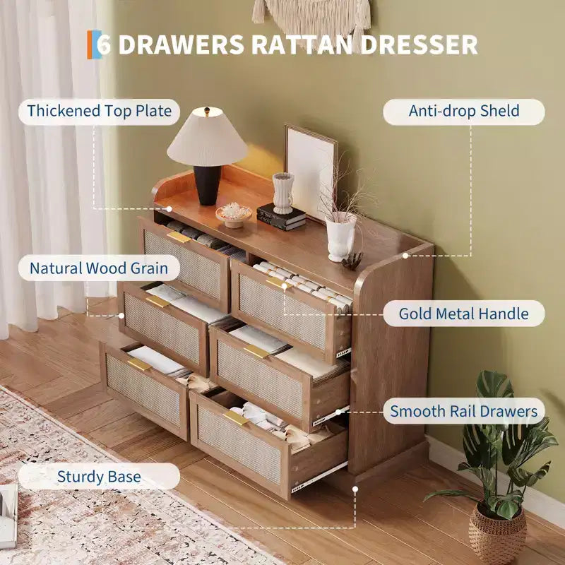 Comò a 6 cassetti per camera da letto, cassettiera in rattan da 120 cm con maniglie in metallo, organizer per vestiti in legno, mobile TV per corridoio