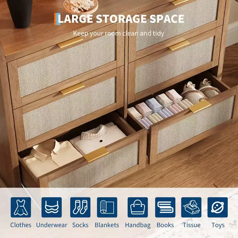 Comò a 6 cassetti per camera da letto, cassettiera in rattan da 120 cm con maniglie in metallo, organizer per vestiti in legno, mobile TV per corridoio