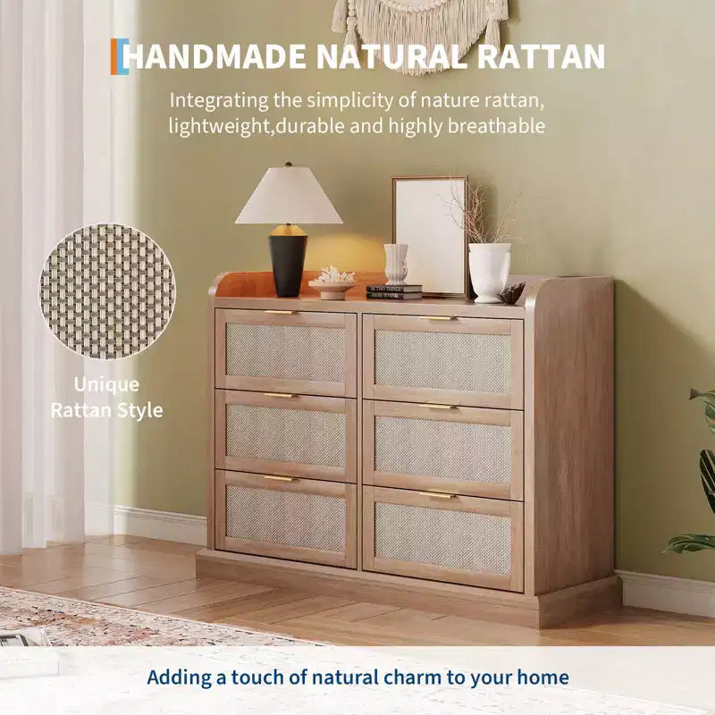 Comò a 6 cassetti per camera da letto, cassettiera in rattan da 120 cm con maniglie in metallo, organizer per vestiti in legno, mobile TV per corridoio