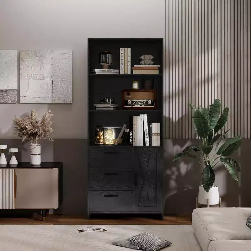 Acekool 6-Tier Bookshelf with Door and 3 Drawers, 71 Tall Bookcase, 3 Open Shelves, Storage Cabinet, for Home Office or Bedroom