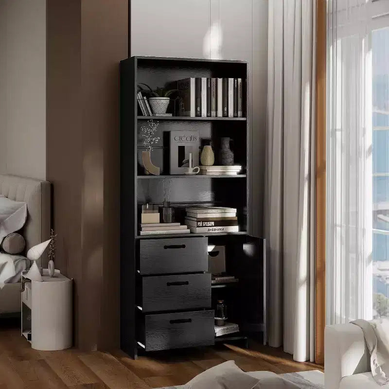 Libreria a 6 ripiani Acekool con anta e 3 cassetti, libreria alta 71 pollici, 3 ripiani aperti, mobiletto, per ufficio o camera da letto