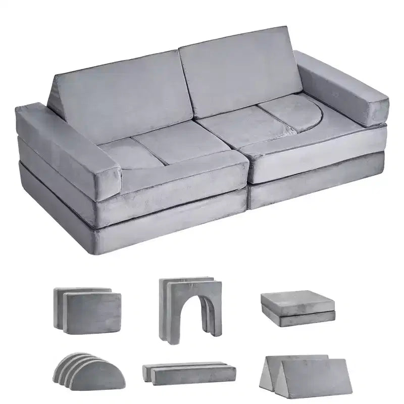 VEVOR Modular Kids Play Couch, Sectional Toddler Sofa with Armrests, 28D Sponge & Short Pile, Convertible Kids Modular Couch, 14 Pcs, Gray