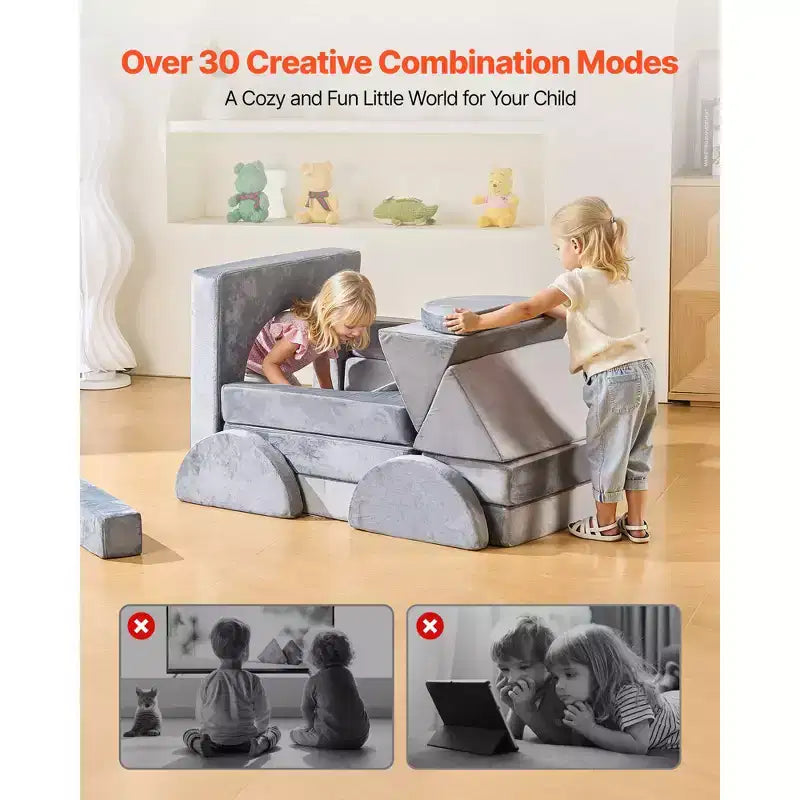 Divano da gioco componibile per bambini VEVOR, divano componibile per bambini con braccioli, spugna 28D e pelo corto, divano componibile convertibile per bambini, 14 pezzi, grigio