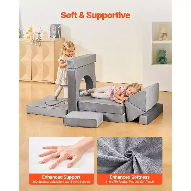 Divano da gioco componibile per bambini VEVOR, divano componibile per bambini con braccioli, spugna 28D e pelo corto, divano componibile convertibile per bambini, 14 pezzi, grigio
