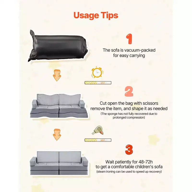 Divano da gioco componibile per bambini VEVOR, divano componibile per bambini con braccioli, spugna 28D e pelo corto, divano componibile convertibile per bambini, 14 pezzi, grigio