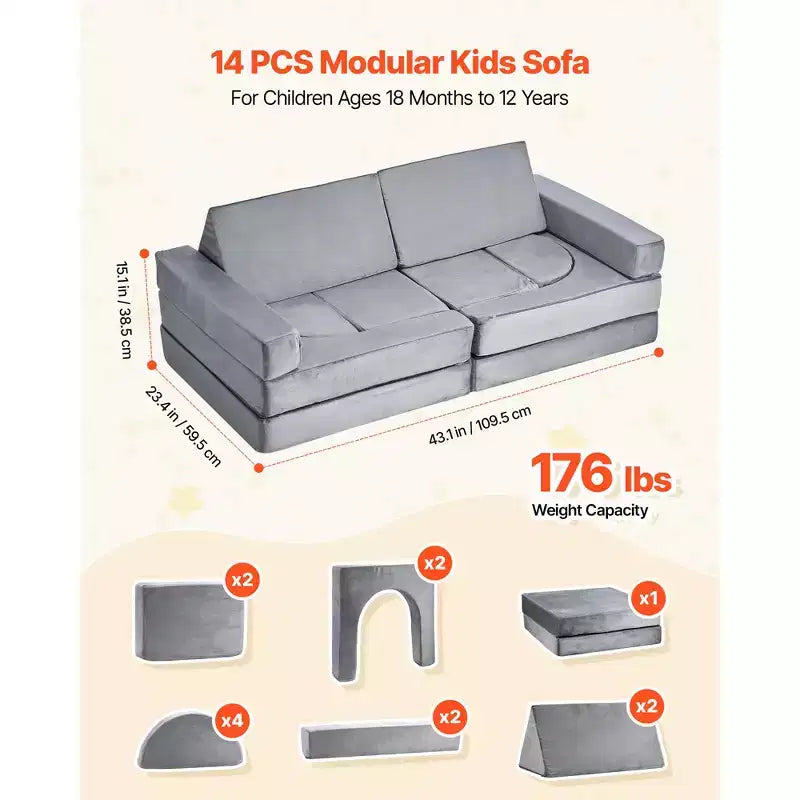 Divano da gioco componibile per bambini VEVOR, divano componibile per bambini con braccioli, spugna 28D e pelo corto, divano componibile convertibile per bambini, 14 pezzi, grigio