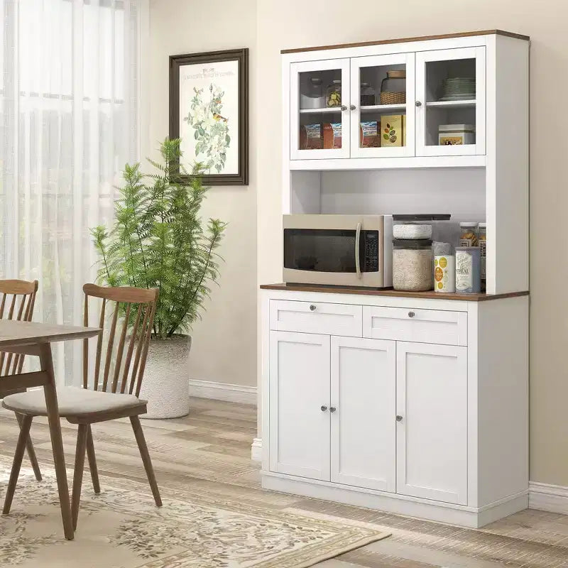 Okak 71in Mordern Pantry Cabinet, Freestanding Tall Cabinet with Hutch, 2 Drawers and 5 Doors, Storage Cabinet for Kitchen, White