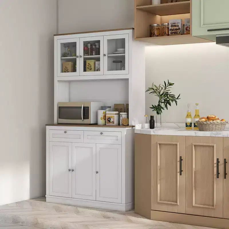 Okak 71in Dispensa Moderna, Armadio Alto Indipendente con Credenza, 2 Cassetti e 5 Ante, Armadio Contenitore per Cucina, Bianco