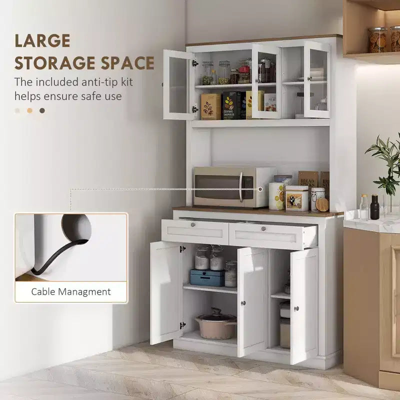 Okak 71in Dispensa Moderna, Armadio Alto Indipendente con Credenza, 2 Cassetti e 5 Ante, Armadio Contenitore per Cucina, Bianco
