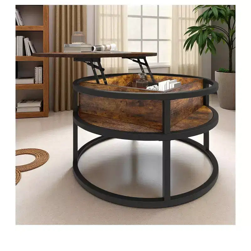 Round Lift Top Coffee Table with Storage and Hidden Compartment Small Circle Wood Farmhouse Center Table