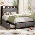 Coolmee Bed Frame with 2 Storage Drawers and Charging Station, Rustic Linen Upholstered Platform Bed with Storage Headboard, Heavy Duty