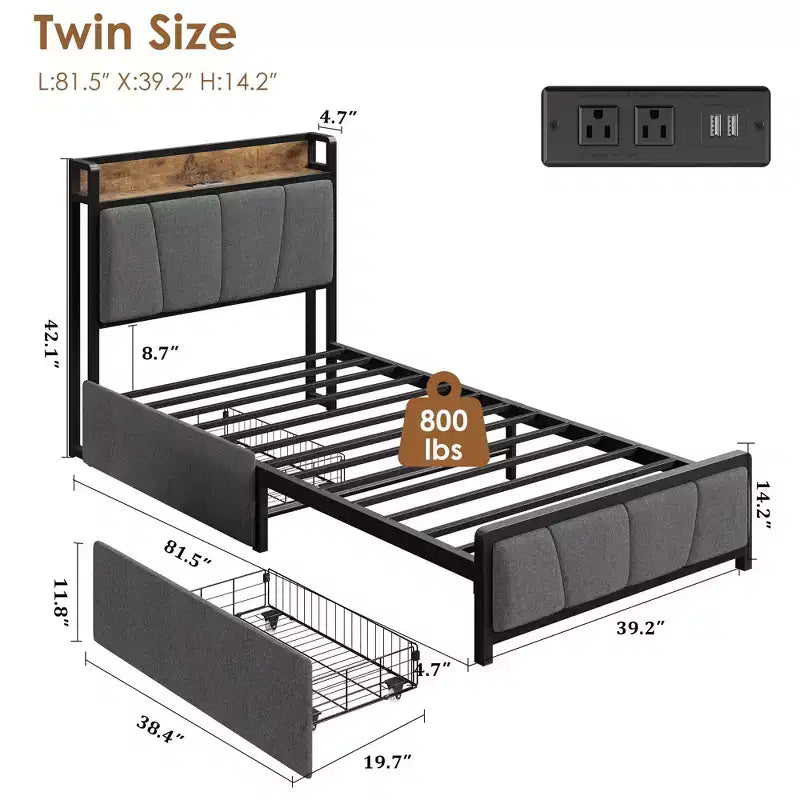 Coolmee Struttura Letto con 2 Cassetti Contenitore e Stazione di Ricarica, Letto a Piattaforma Imbottito in Lino Rustico con Testiera Contenitore, Resistente