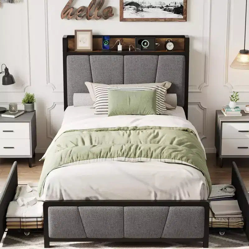 Coolmee Struttura Letto con 2 Cassetti Contenitore e Stazione di Ricarica, Letto a Piattaforma Imbottito in Lino Rustico con Testiera Contenitore, Resistente