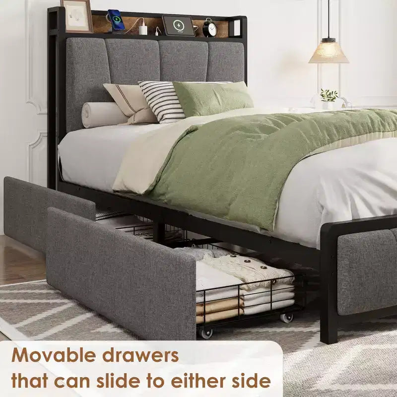 Coolmee Struttura Letto con 2 Cassetti Contenitore e Stazione di Ricarica, Letto a Piattaforma Imbottito in Lino Rustico con Testiera Contenitore, Resistente