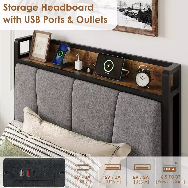 Coolmee Struttura Letto con 2 Cassetti Contenitore e Stazione di Ricarica, Letto a Piattaforma Imbottito in Lino Rustico con Testiera Contenitore, Resistente