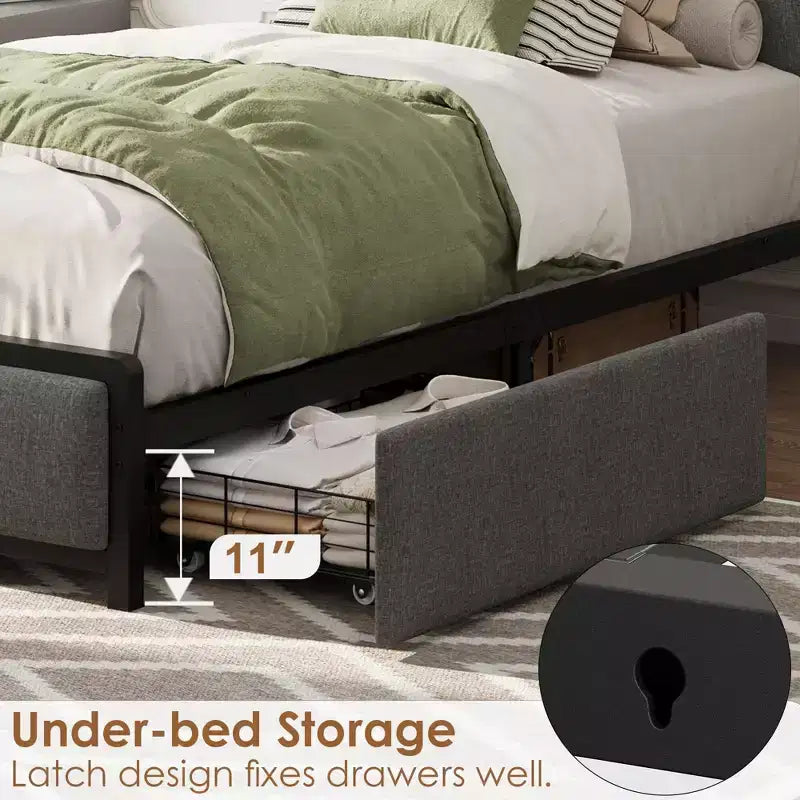 Coolmee Struttura Letto con 2 Cassetti Contenitore e Stazione di Ricarica, Letto a Piattaforma Imbottito in Lino Rustico con Testiera Contenitore, Resistente