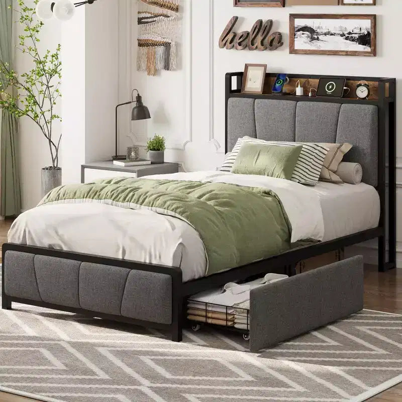 Coolmee Struttura Letto con 2 Cassetti Contenitore e Stazione di Ricarica, Letto a Piattaforma Imbottito in Lino Rustico con Testiera Contenitore, Resistente