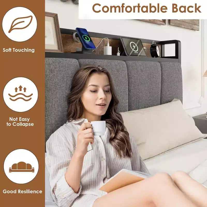 Coolmee Struttura Letto con 2 Cassetti Contenitore e Stazione di Ricarica, Letto a Piattaforma Imbottito in Lino Rustico con Testiera Contenitore, Resistente