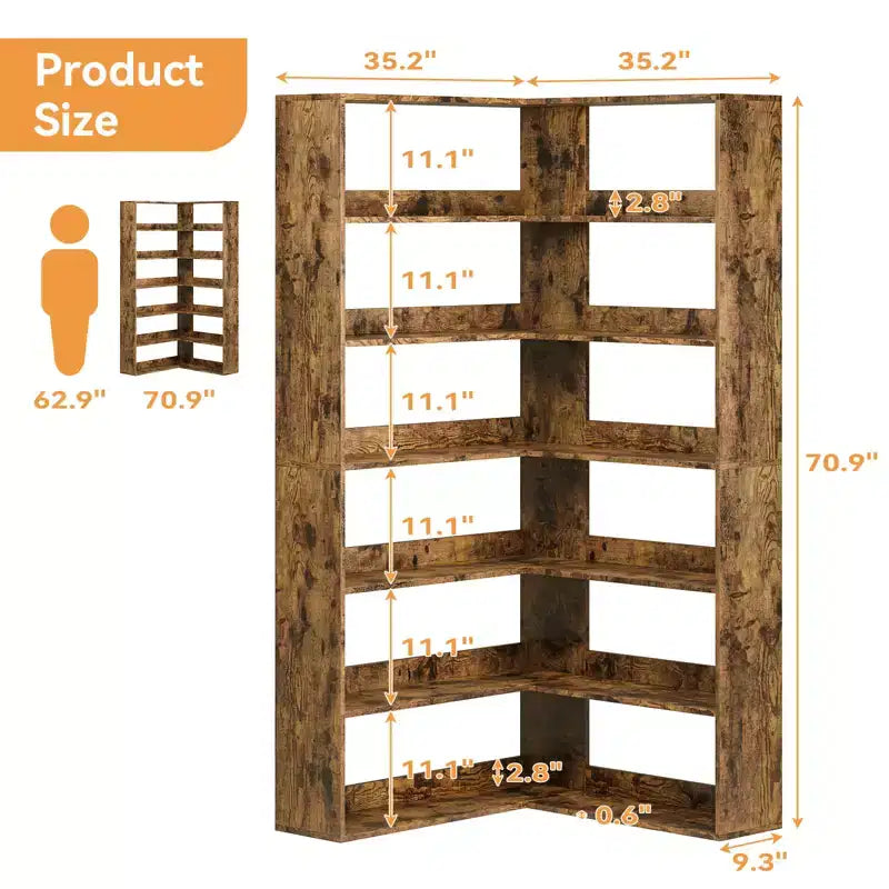 Scaffale angolare a 6 ripiani, libreria angolare industriale da 180 cm, libreria angolare in legno Etagere, scaffale espositivo autoportante per soggiorno e ufficio