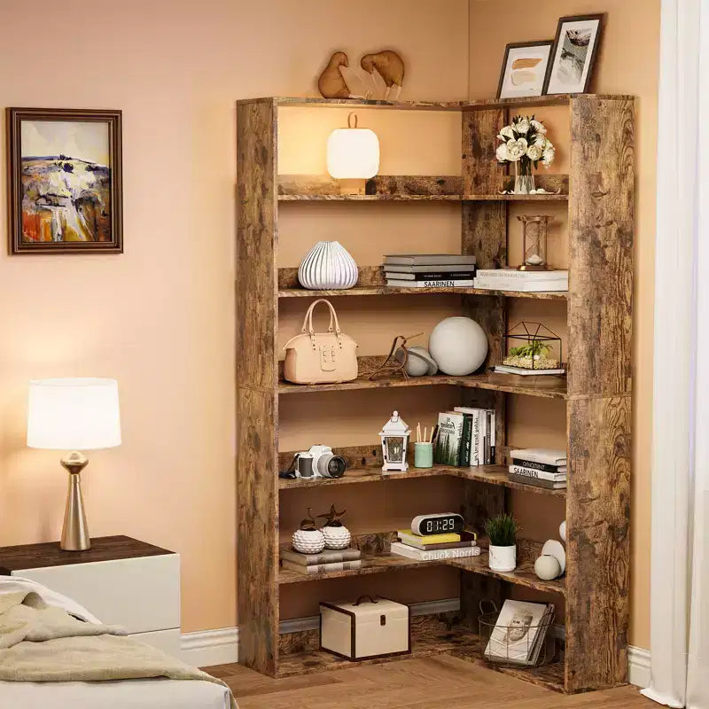 6-Tier Corner Shelf, 71'' Industrial Corner Bookshelf, Wood Corner Etagere Bookcase, Freestanding Display Shelf for Living Room Home Office