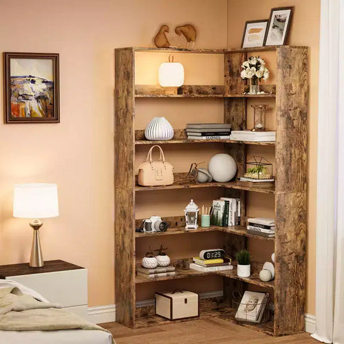 6-Tier Corner Shelf, 71'' Industrial Corner Bookshelf, Wood Corner Etagere Bookcase, Freestanding Display Shelf for Living Room Home Office