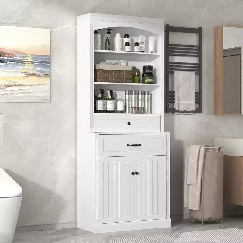 Okak Matte White Bathroom Storage Cabinet with 3 Shelves,2 Drawers&2 Doors,Anti-Tipping Bathroom Cabinet