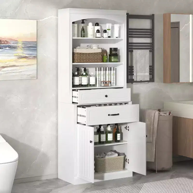 Mobiletto da bagno Okak bianco opaco con 3 ripiani, 2 cassetti e 2 ante, anticaduta