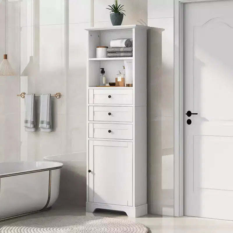 Okak Freestanding Bathroom Cabinet with 3-Drawer, Tall Storage Cabinet, Bathroom Floor Cabinet with Adjustable Shelves for Living/Office, White