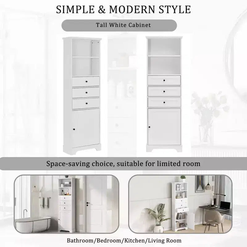 Mobiletto da Bagno Indipendente Okak a 3 Cassetti, Armadietto Alto, Mobiletto da Terra per Bagno con Ripiani Regolabili per Soggiorno/Ufficio, Bianco