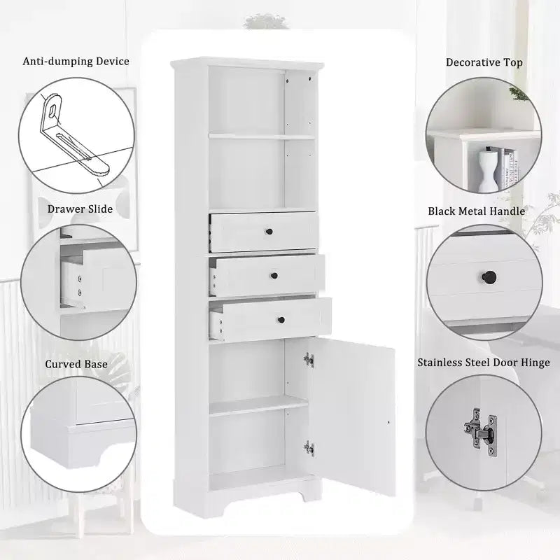 Mobiletto da Bagno Indipendente Okak a 3 Cassetti, Armadietto Alto, Mobiletto da Terra per Bagno con Ripiani Regolabili per Soggiorno/Ufficio, Bianco