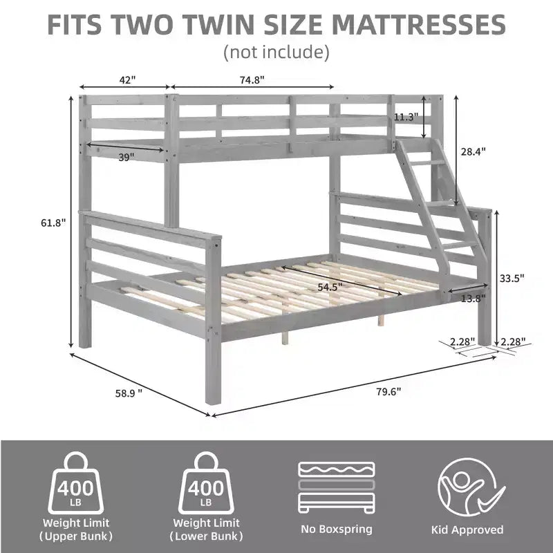MAYEERTY Letto a castello Twin su Full con scaletta, Struttura letto in legno con sponde alte per bambini, Non richiede rete a doghe/materasso a molle