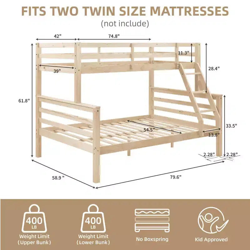 MAYEERTY Letto a castello Twin su Full con scaletta, Struttura letto in legno con sponde alte per bambini, Non richiede rete a doghe/materasso a molle